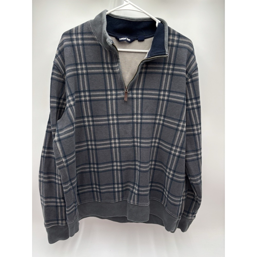 Lands‎ End Pullover Sweater Mens L Gray Plaid 1/4 Zip Cotton Casual